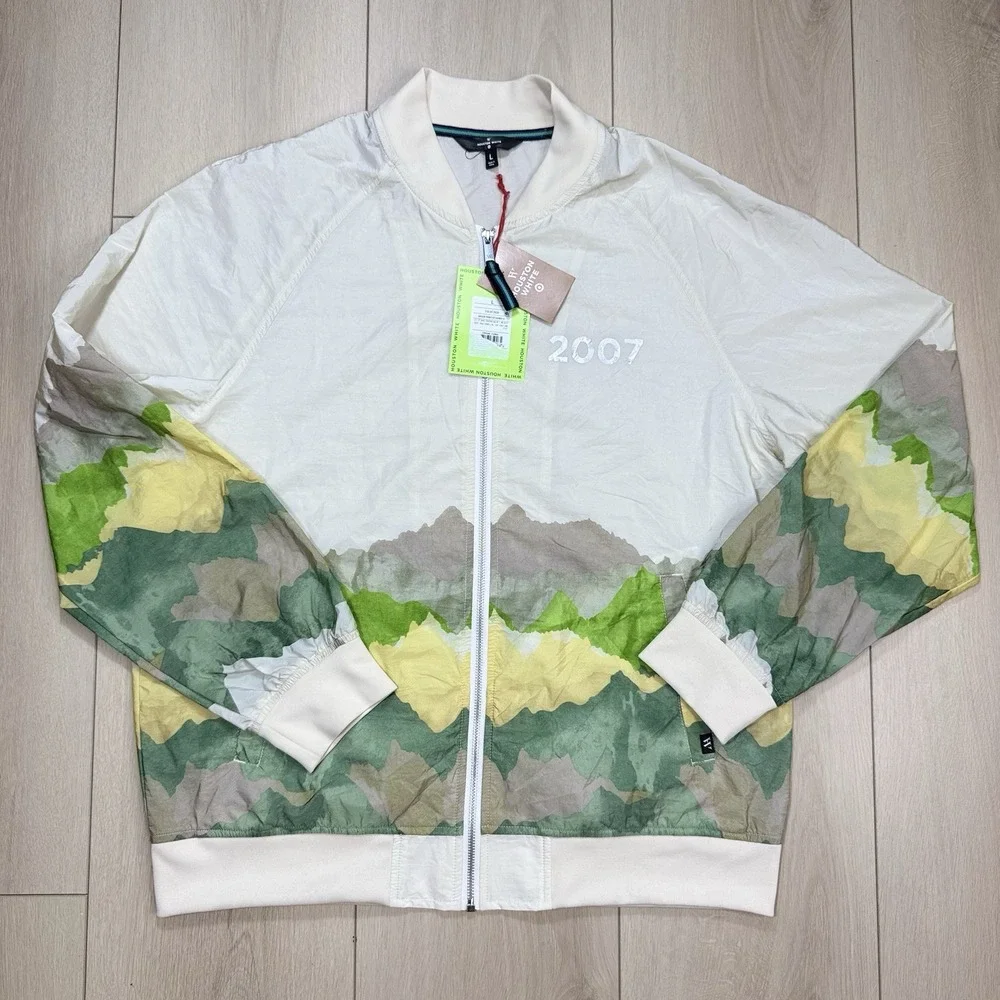 Houston White Target Mountain Print Nylon Zip Jacket Men's L 2007 Cream Green‎